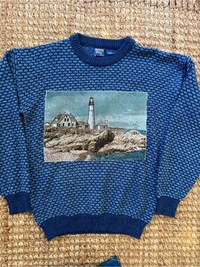 Blue Crewneck Sweater with Lighthouse patchwork